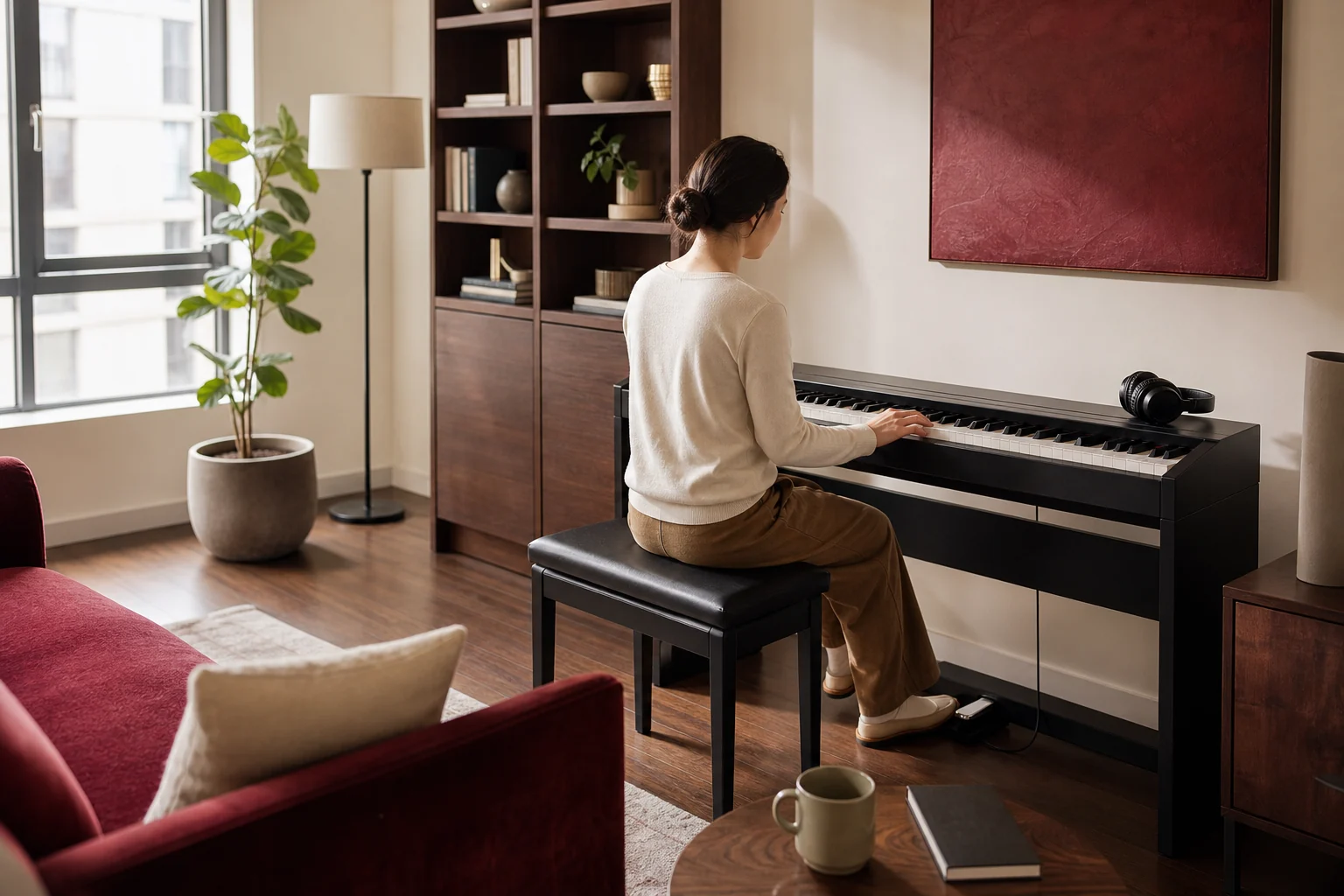 An adult beginner practicing at a full-width digital piano in a calm home.
